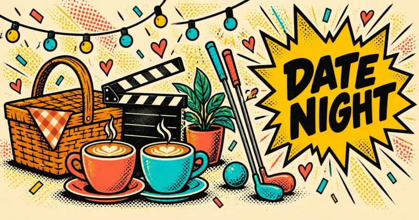Retro comic date-night objects with a starburst reading date night