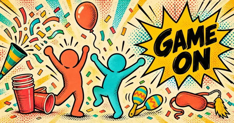 Comic party scene with confetti popper, cups, and balloon, starburst reading game on