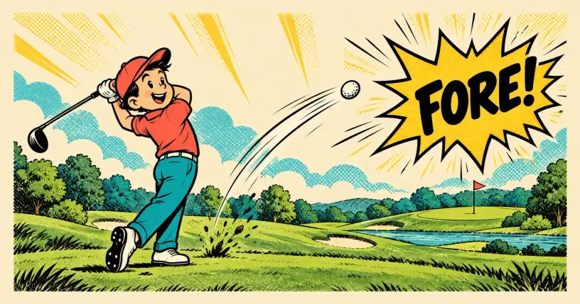 Cartoon golfer mid-swing with a comic starburst reading fore