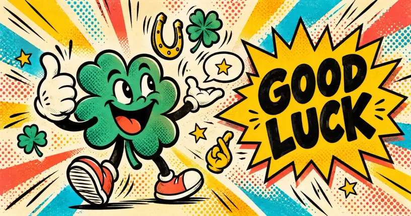 Cartoon mascot cheering with a thumbs up and lucky charms, comic starburst reading GOOD LUCK