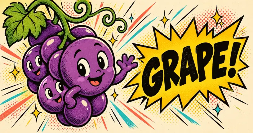 Cartoon purple grape bunch waving from a vine, comic starburst reading grape