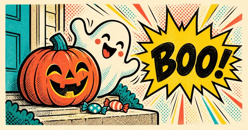 Cartoon jack-o'-lantern and friendly ghost by a door, comic starburst reading boo
