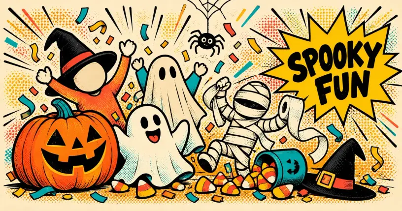 Comic Halloween party scene with jack-o-lantern, ghost, and mummy, starburst reading spooky fun