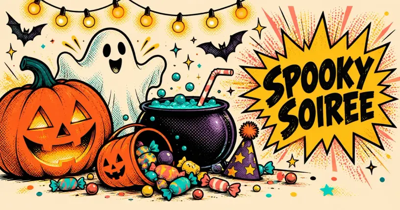 Retro comic Halloween scene with a jack-o-lantern, ghost, candy bucket, and a starburst reading spooky soiree