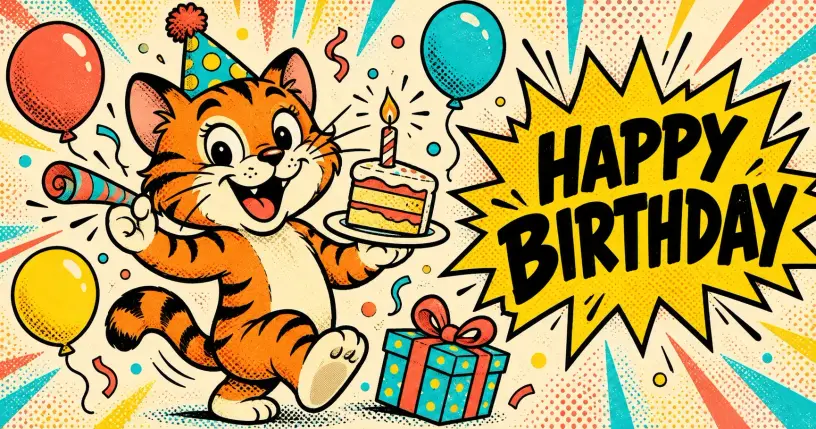 Cartoon mascot holding birthday cake with a lit candle and a party horn, comic starburst reading HAPPY BIRTHDAY