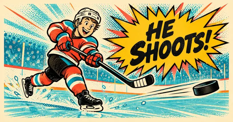 Cheerful cartoon hockey player taking a shot, comic starburst reading he shoots