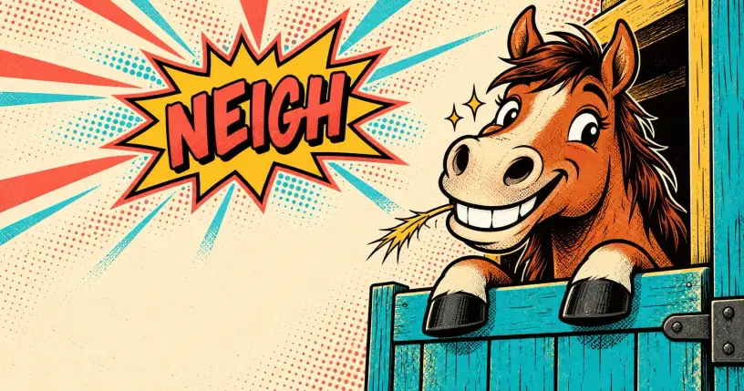 Retro-comic cartoon hero banner for horse jokes