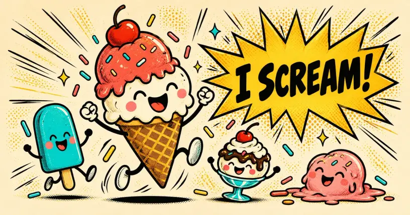 Cartoon ice cream cone mascot cheering with a comic starburst reading I scream