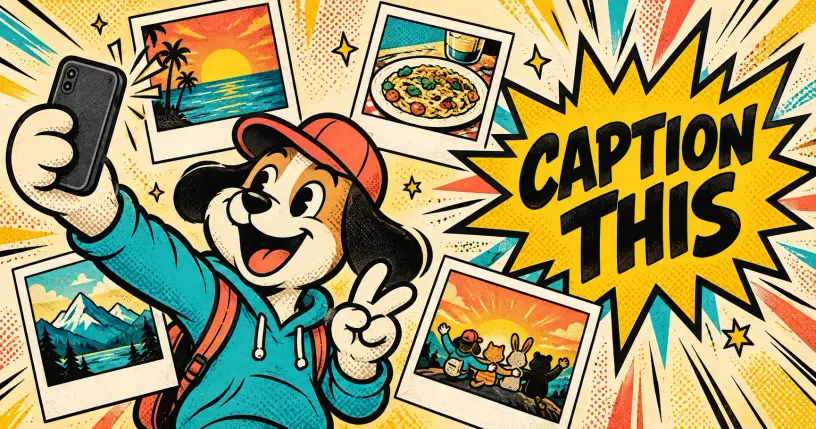 Cartoon mascot taking a selfie surrounded by photo frames, comic starburst reading CAPTION THIS