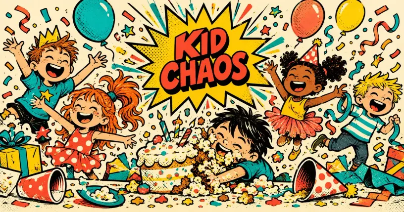 Retro-comic cartoon hero banner for kids party games