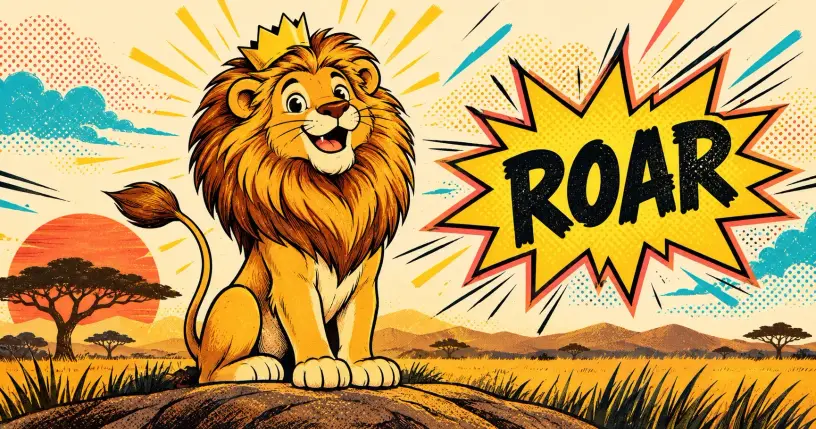 Cartoon lion with a golden mane and a tiny crown on the savanna, comic starburst reading roar
