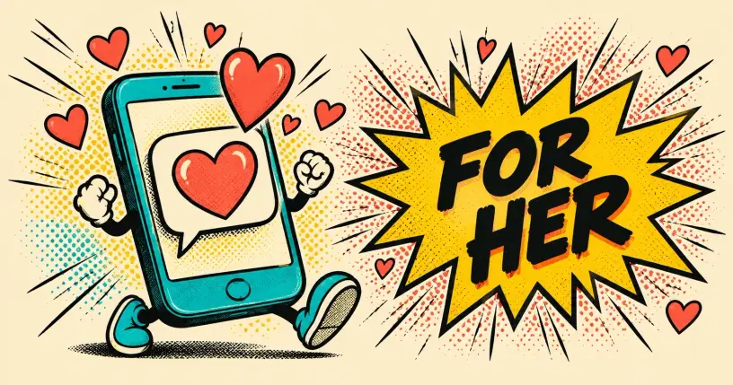 Cartoon phone with a chat bubble and floating hearts, comic starburst reading for her