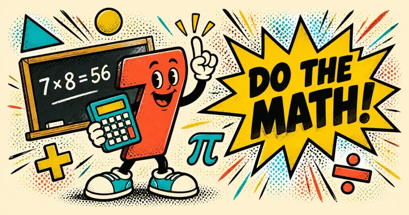 Cartoon number mascot holding a calculator beside a comic starburst reading do the math
