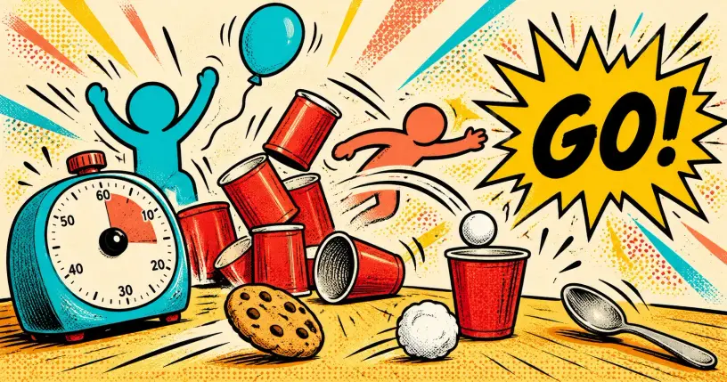 Comic minute to win it scene with a timer, tumbling cups, and a balloon, starburst reading go