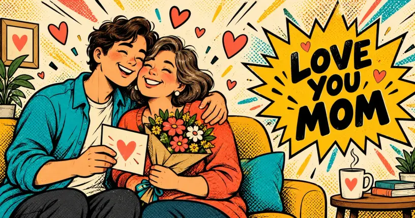 Cartoon child giving mom flowers and a card, comic starburst reading LOVE YOU MOM