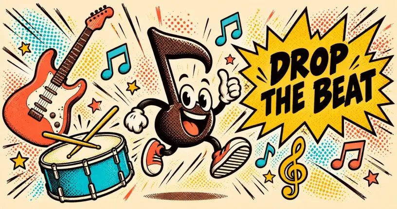 Cheerful cartoon music note mascot with guitar and drum, comic starburst reading drop the beat