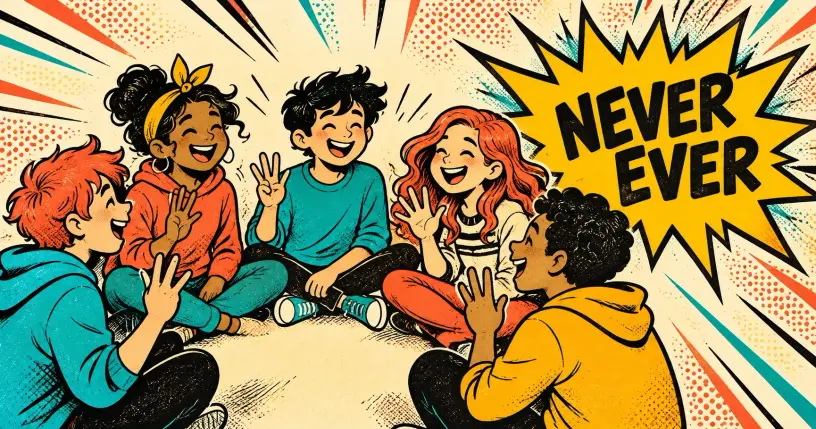 Cartoon friends playing a finger-counting party game, comic starburst reading never ever
