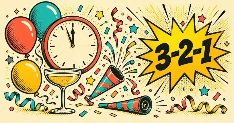 Retro comic new year's eve clock, confetti, and balloons with a starburst reading 3-2-1