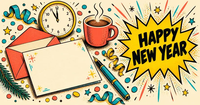 Cozy flat-lay of a blank New Year card and envelope with a comic starburst reading happy new year
