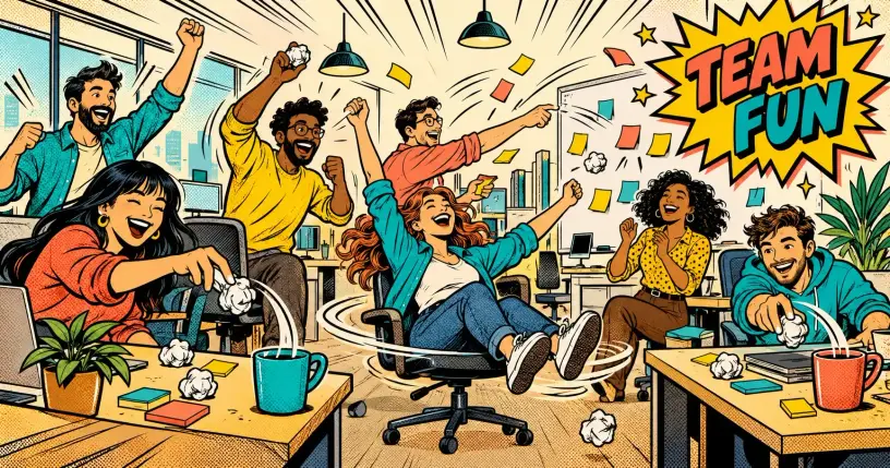 Retro-comic cartoon hero banner for office party games