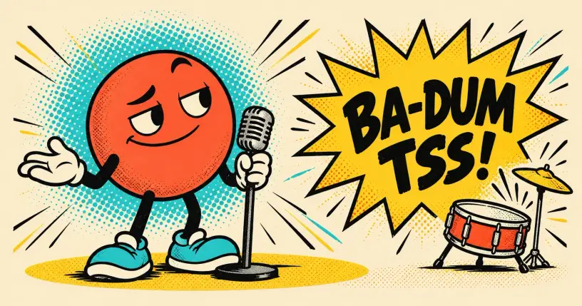 Cartoon comedian at a mic dropping a one-liner, comic starburst reading ba-dum tss