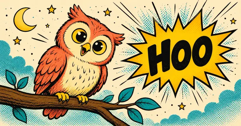 Cartoon owl on a branch under a crescent moon, comic starburst reading hoo