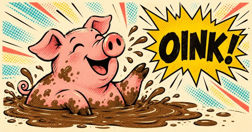 Cartoon pig in a mud puddle, comic starburst reading oink