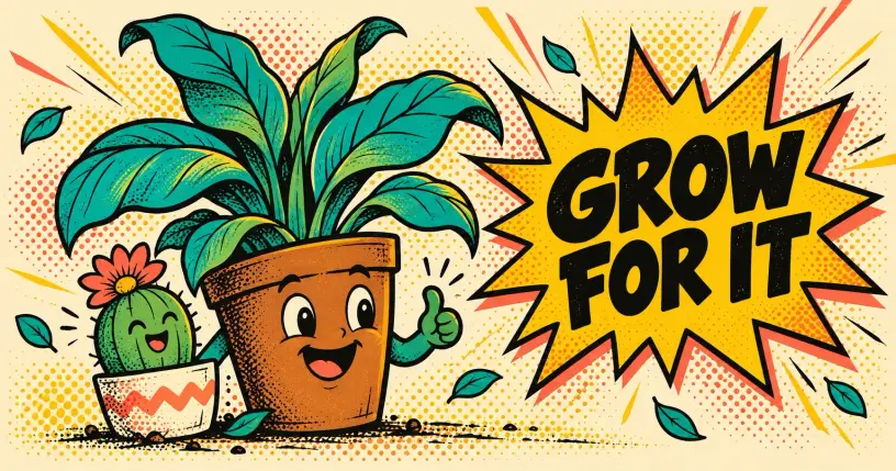 Cheerful cartoon potted plant mascot with a cactus and a flower, comic starburst reading grow for it