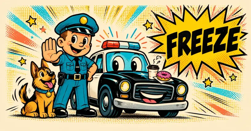 Cheerful cartoon police officer with a patrol car, a friendly dog, and a donut, comic starburst reading freeze