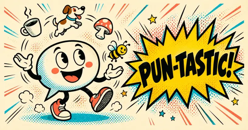 Cheerful cartoon speech-bubble mascot juggling topic icons, comic starburst reading pun-tastic
