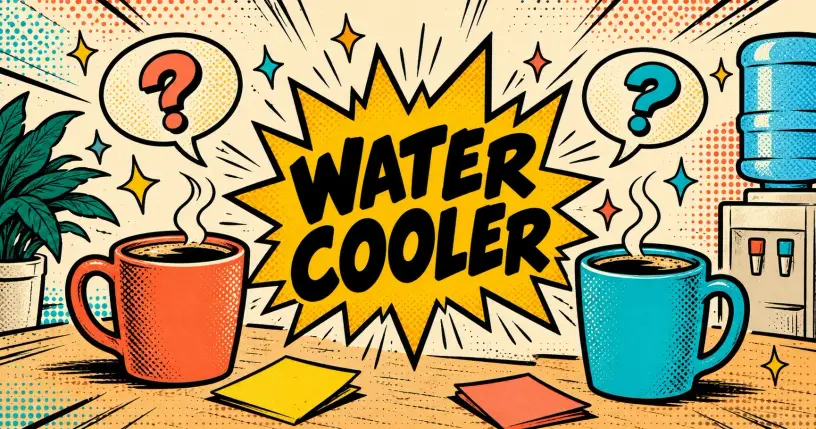 Comic office break scene with coffee mugs, speech bubbles and question marks, starburst reading water cooler
