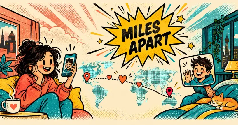 Two cartoon partners on a video call across a dotted map, comic starburst reading miles apart