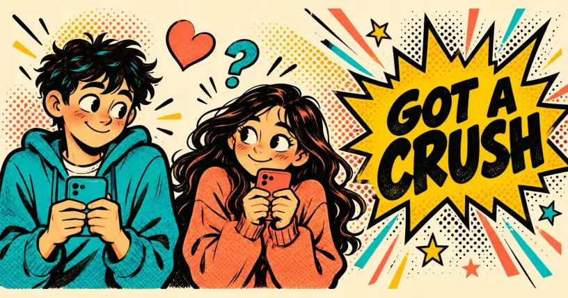 Two cartoon characters glancing shyly at their phones, comic starburst reading got a crush