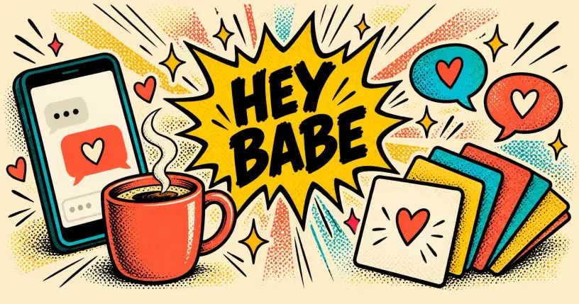 Comic scene with a phone chat heart, a coffee mug and question cards, starburst reading hey babe