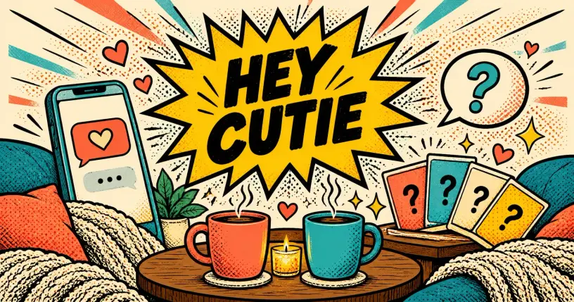 Comic scene with a phone chat bubble, question cards and two mugs, starburst reading hey cutie