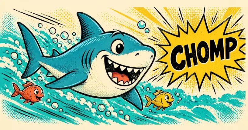 Grinning cartoon shark cruising with little fish pals, comic starburst reading chomp