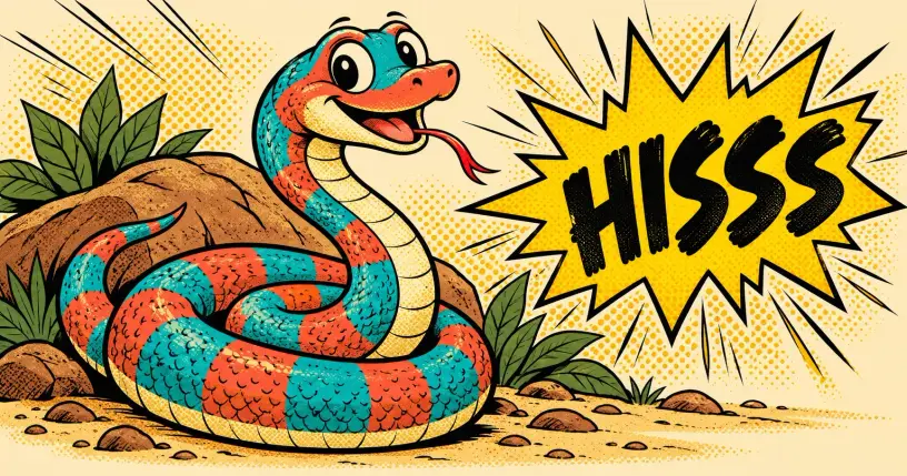 Cartoon coiled snake grinning with its tongue out next to a comic starburst reading hisss