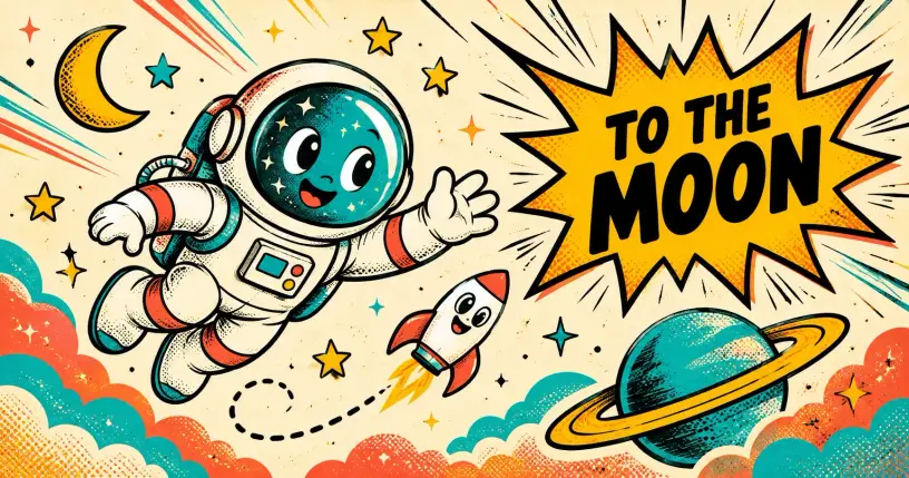 Cheerful cartoon astronaut floating with a rocket and ringed planet, comic starburst reading to the moon