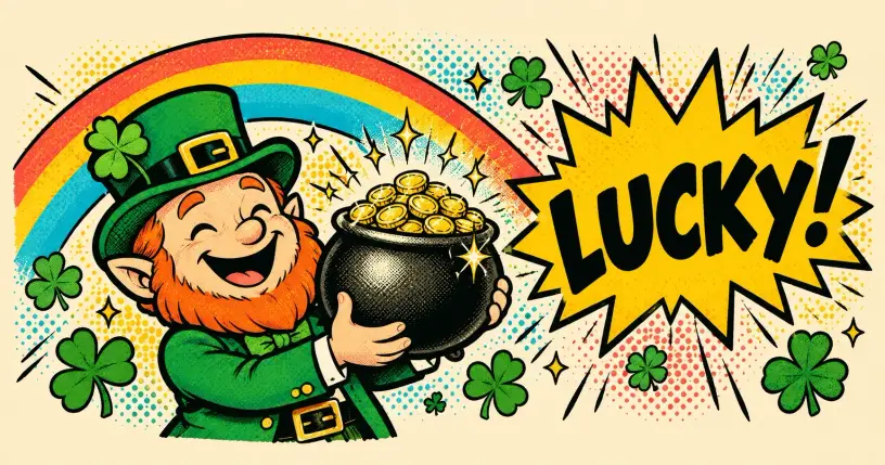 Cartoon leprechaun holding a pot of gold under a rainbow with shamrocks, comic starburst reading lucky