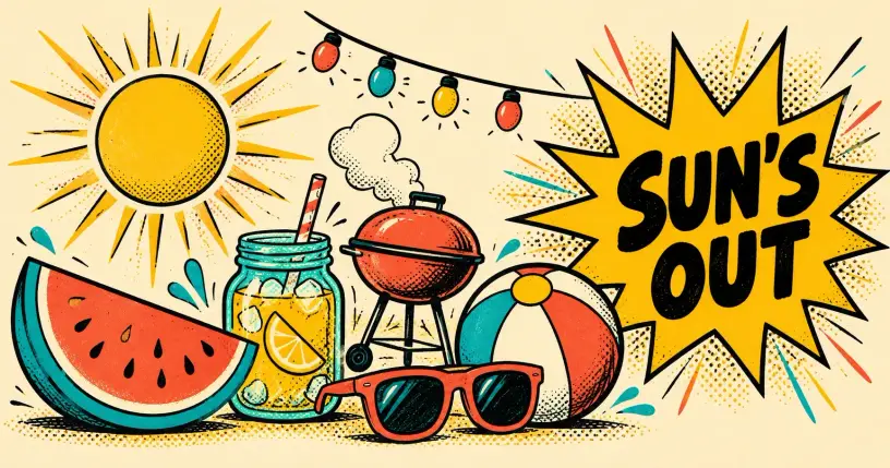 Retro comic summer scene with a sun, watermelon, string lights, and a starburst reading sun's out