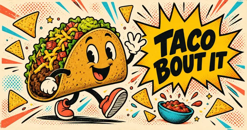 Cheerful cartoon taco mascot with guac, comic starburst reading taco bout it