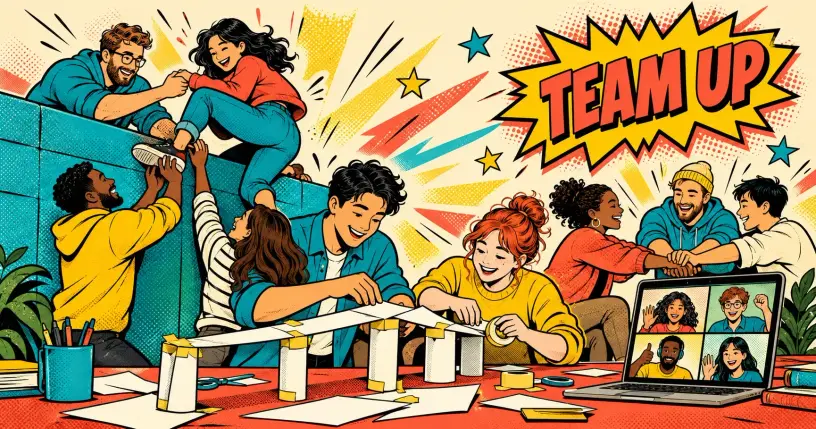 Retro-comic cartoon hero banner for team building activities