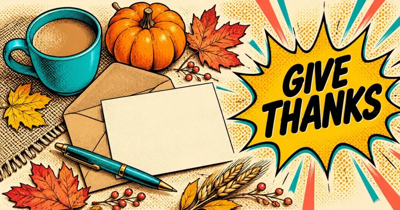 Cozy flat-lay of a blank Thanksgiving card and envelope with a comic starburst reading give thanks