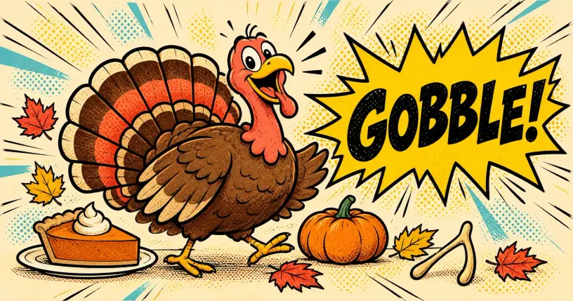 Cartoon turkey mascot with pumpkin pie and autumn leaves, comic starburst reading gobble