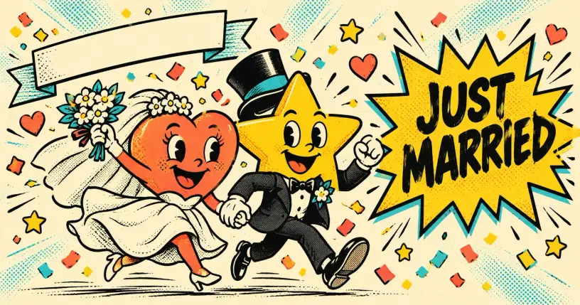Cartoon wedding couple under confetti and hearts, comic starburst reading JUST MARRIED