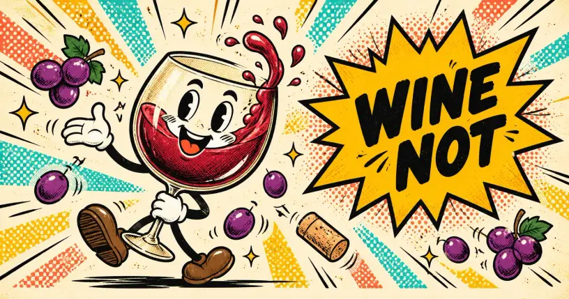 Cheerful cartoon wine-glass mascot, comic starburst reading wine not