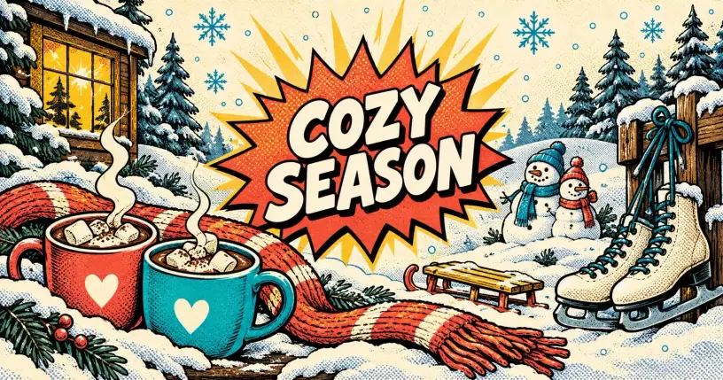 Retro-comic cartoon hero banner for winter date ideas
